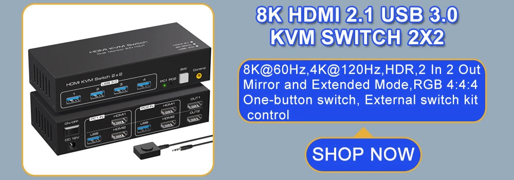 مفتاح HDMI KVM مزدوج الشاشة 2×2 USB 3.0/2.0 4K 60Hz شاشة ممتدة مفتاح HDMI KVM شاشتان 2 جهاز كمبيوتر مشاركة USB KVM