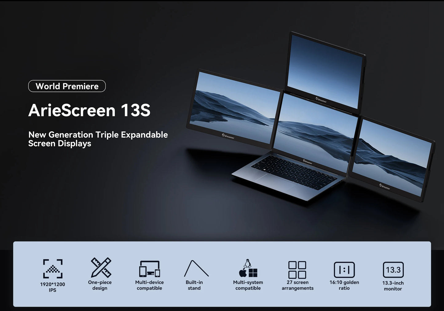 شاشة Adreamer ArieScreen13S 3 في 1 قابلة للتوسيع بدقة 1920*1200 FHD محمولة لأجهزة الكمبيوتر المحمولة من طراز Mac وWindows وLinux مقاس 14-16 بوصة
